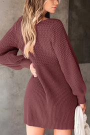 Solid Color V-neck Puff Sleeve Casual Knitted Mini Dress