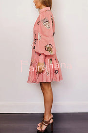 Unique Print Single Breasted Balloon Sleeve Tie Waist Ruffled Mini Dress