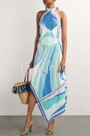 Ansela Satin Unique Print Halter Scarf Tank and Asymmetrical Maxi Skirt Set