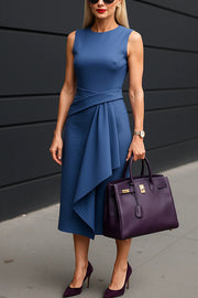 Office Chic Solid Fitted Sleeveless Crossover Draped Ruffle Midi Dress