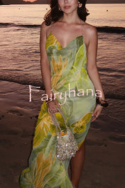 Floral Print Sexy Backless Slit See-Through Holiday Maxi Dress