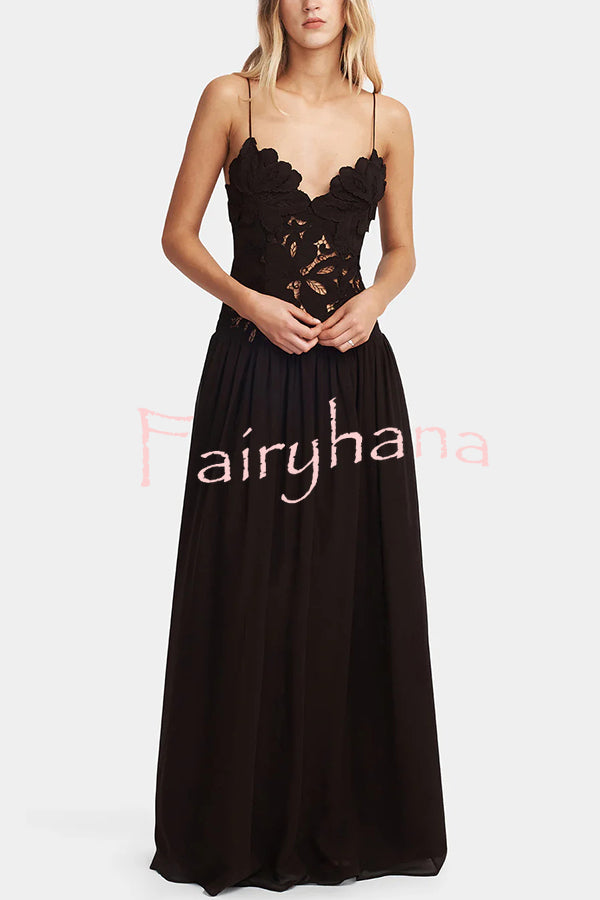 Stephanie Flower Crochet Lace Bust Chiffon Fluffy Hem Maxi Dress