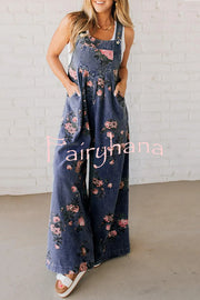 Fashion Floral Print Casual Button Pocket Loose Denim Overalls