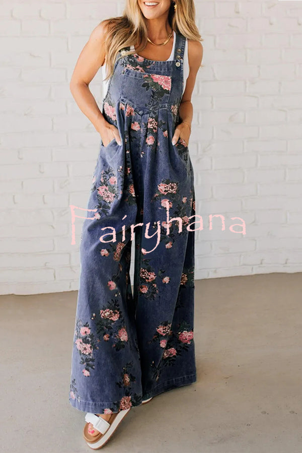 Fashion Floral Print Casual Button Pocket Loose Denim Overalls