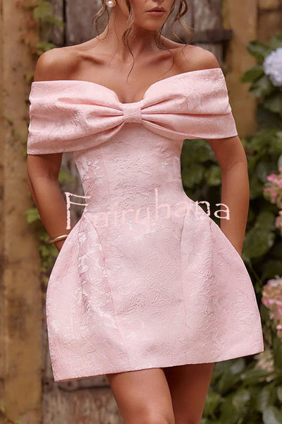 Raquel Floral Jacquard Oversized Off The Shoulder Bow Detail Mini Dress
