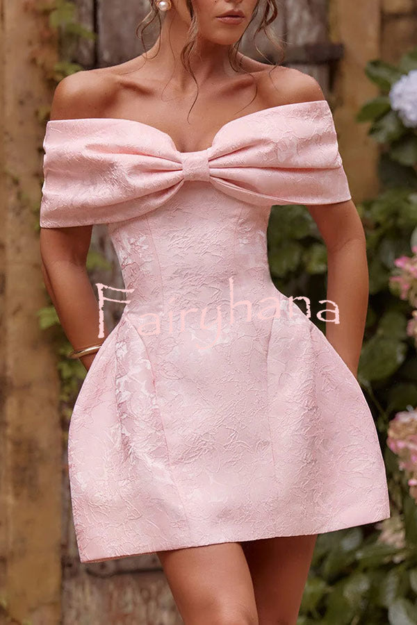 Raquel Floral Jacquard Oversized Off The Shoulder Bow Detail Mini Dress
