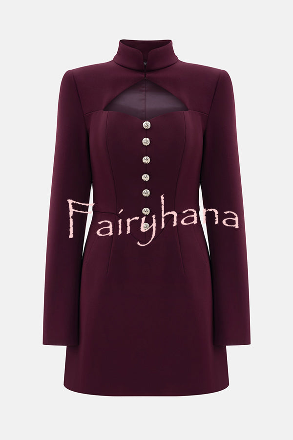 Elegant Long-sleeved Hollowed-out Button-down Slim-fit Mini Dress