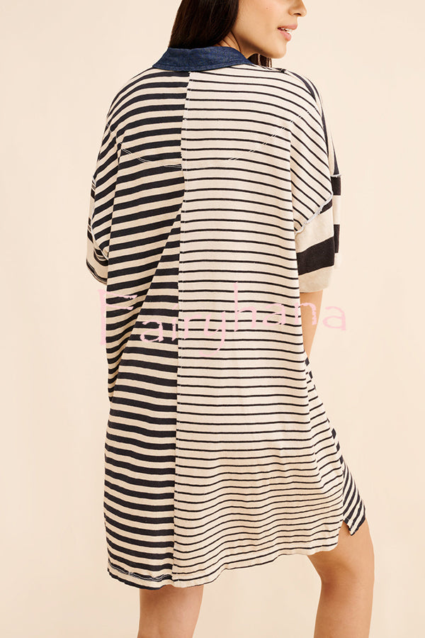 Contrast Striped Patchwork Denim Lapel Loose Casual Mini Dress