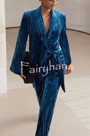 Solid Color Velvet Pleated Long-sleeved Tie Top and Casual Pocket Straight-leg Pants Set