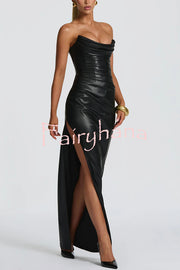 Alba Faux Leather Pleated Off Shoulder Neck Slit Stretch Maxi Dress