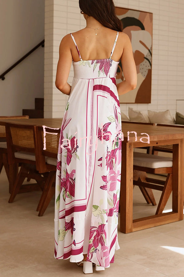 Botanical Print Halter Square Neck Pleated Loose Maxi Dress