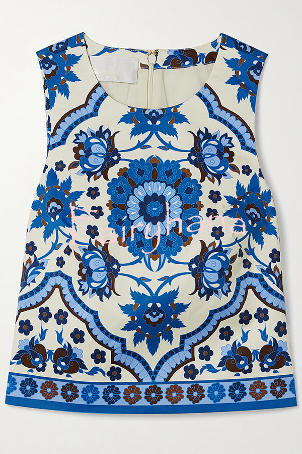 Unique Printed Round Neck Sleeveless Top and Casual Mini Skirt Set
