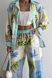 Holiday Style Print Loose Long Sleeve Shirt and Elastic Waist Loose Pocket Wide Leg Pants Set