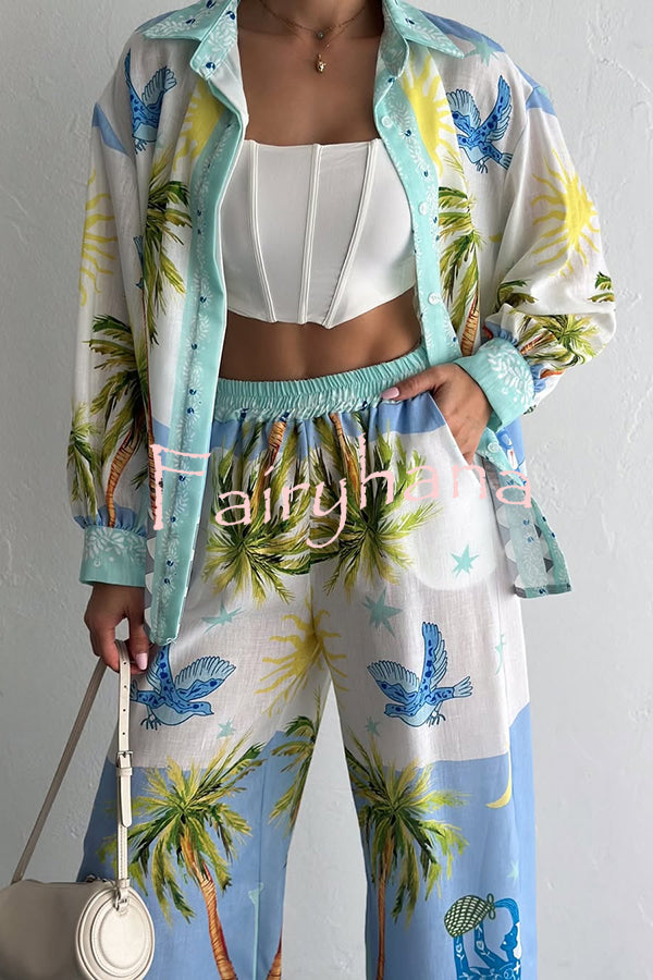 Holiday Style Print Loose Long Sleeve Shirt and Elastic Waist Loose Pocket Wide Leg Pants Set
