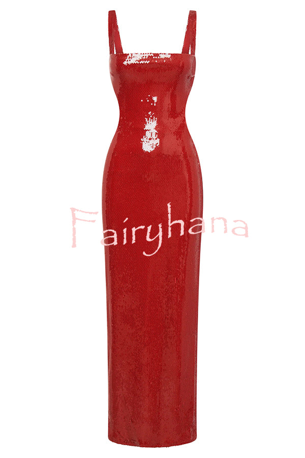 Eye Catching Sequin Cutout Waist Wide Strap Bacakless Maxi Dress