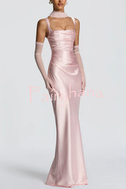 Calanthe Satin Square Neck Ruched Back Lace-up Drape Mesh Scarf Maxi Dress
