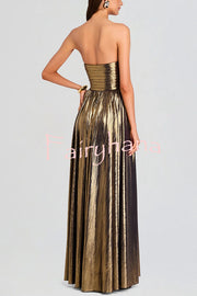Goddess Temperament Metallic Pleated Fabric Off Shoulder Slit Maxi Dress