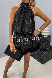 It's Time To Dance Sequin Feather Trim Halter Babydoll Mini Dress