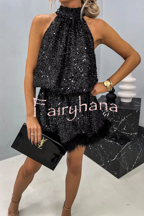 It's Time To Dance Sequin Feather Trim Halter Babydoll Mini Dress