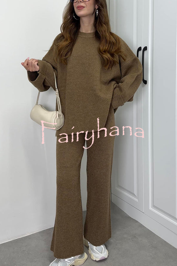 Solid Color Loose Long-sleeved Knit Top and Elastic Waist Casual Straight Leg Pants Set