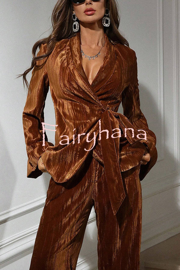 Solid Color Velvet Pleated Long-sleeved Tie Top and Casual Pocket Straight-leg Pants Set