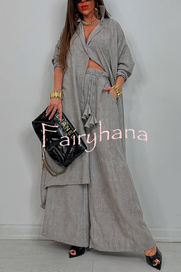 Solid Color Casual Loose Long Shirt and Elastic Waist Pocket Wide Leg Pants Set