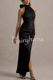 Maureen Satin High Neck Ruched Ruffle Slit Draped Maxi Dress