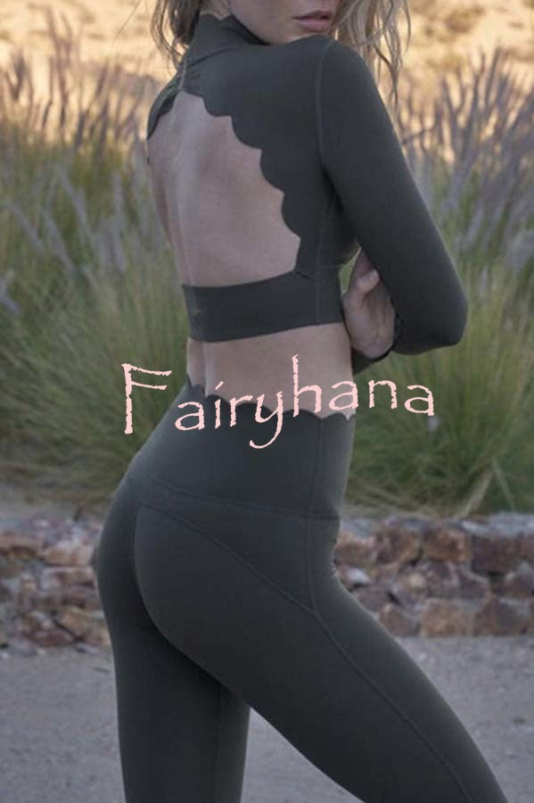 Open Back Petal Trim Long Sleeve Yoga Sports Crop Top