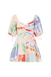 Como Linen Blend Ric Rac Trims Unique Print Puff Sleeve Mini Dress