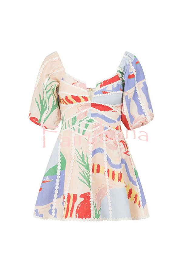 Como Linen Blend Ric Rac Trims Unique Print Puff Sleeve Mini Dress