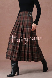 Yehudit Plaid Belt Buckle Design High Rise Pocket Midi Umbrella Skirt