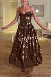 Enchanted Night Sequin Low-cut Corset Balloon Hem Slip Midi Dress