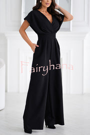 Solid Color V-neck Waist Casual Wide-leg Jumpsuit