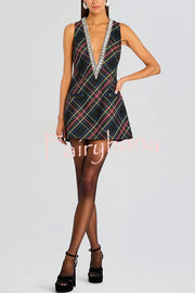 Elegant Demeanor Satin Gemstone Trim Deep V-Neck Tank H-line Mini Dress