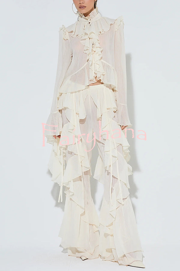 Fashionable Ruffled Elastic Waist Holiday Style Flared Pants