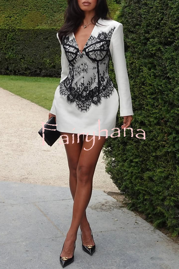 Saela Contrast Lace Corset Design V-neck Long Sleeve Tulip Mini Dress