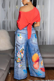 Butterfly Print Casual Elastic Waist Pocket Faux Denim Straight-Leg Pants