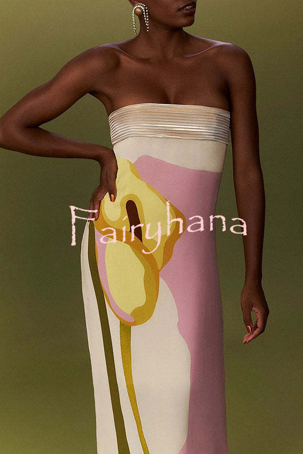 Dalva Calla Lilies Print Pleated Metallic Fabric Patchwork Bandeau Loose Maxi Dress