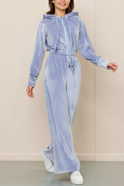 Solid Color Velvet Hooded Zip-up Sweatshirt and Elastic Waist Casual Pocket Straight-leg Pants Set