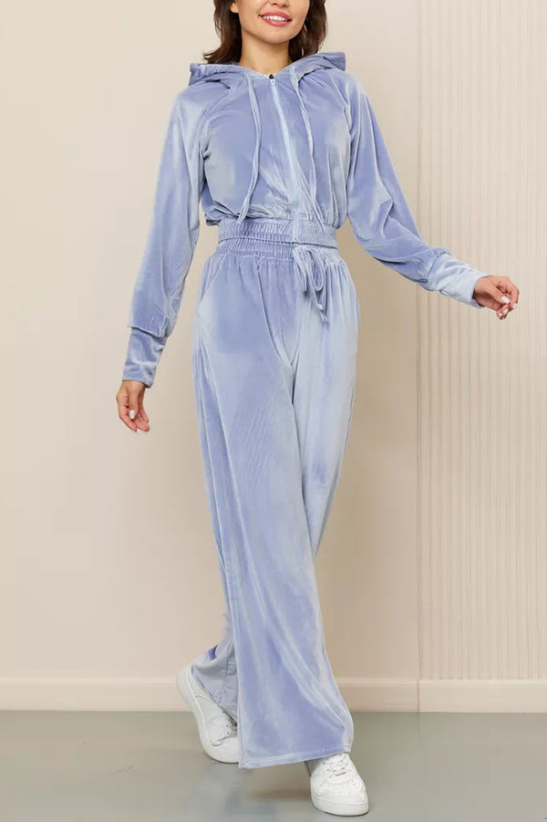 Solid Color Velvet Hooded Zip-up Sweatshirt and Elastic Waist Casual Pocket Straight-leg Pants Set