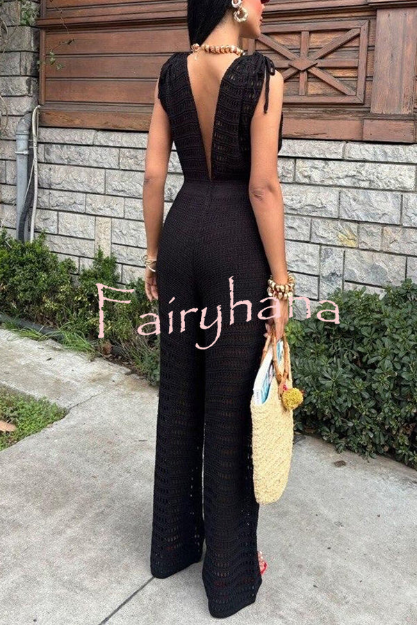 Solid Color Knitted V-neck Holiday Hollow Casual Jumpsuit
