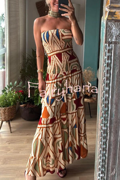 Bohemian Style Unique Print Tube Top Pleated Maxi Dress