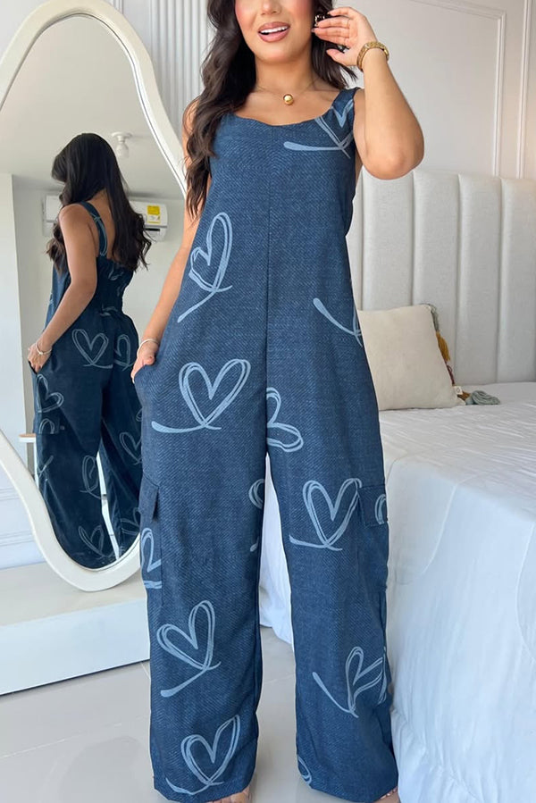 Fashion Cartoon Print Loose Round Neck Back Pleated Casual Pocket Wide Leg Jumpsuit