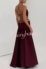 Kinara Leopard Print Deep V-neck Metal Flower Hollow Beads Detail Slit Maxi Dress