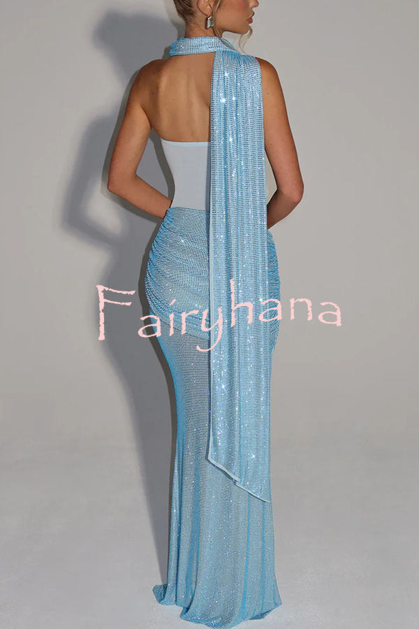 Kailani Sequin Strapless Mesh Cutout Waist Ruched Scarf Maxi Dress