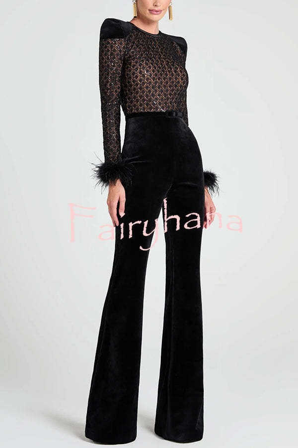 Monique Fish Scale Lace Sequin Velvet Patchwork Feather Trim Belted Stretch Flare Jumpsuit