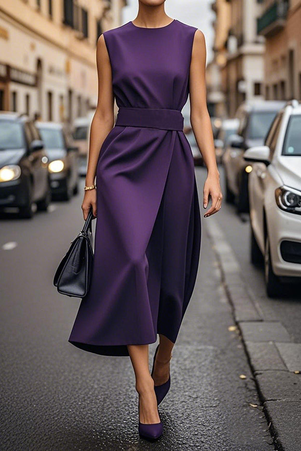 Solid Color Sleeveless Round Neck Casual Midi Dress