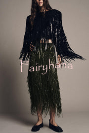Party Crasher Layered Sequined Tassels High Rise Back Zipper Midi Skirt