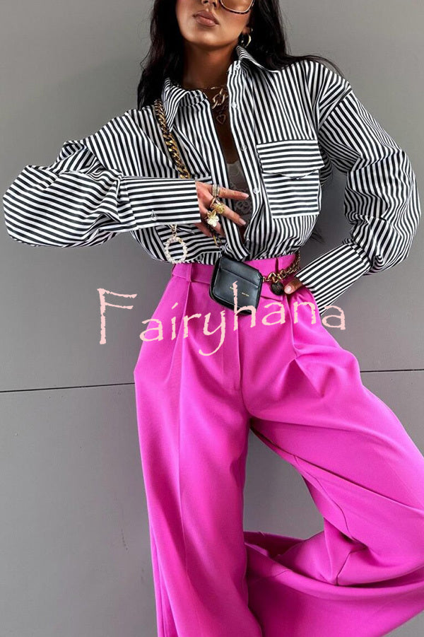 Stripe Print Lapel Long Sleeve Pocket Casual Shirt