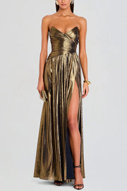 Goddess Temperament Metallic Pleated Fabric Off Shoulder Slit Maxi Dress